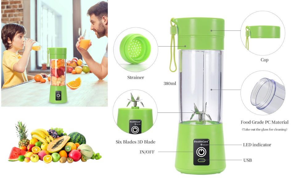 Portable blender with strainer, secure cap, six stainless steel blades, and food-grade PC material