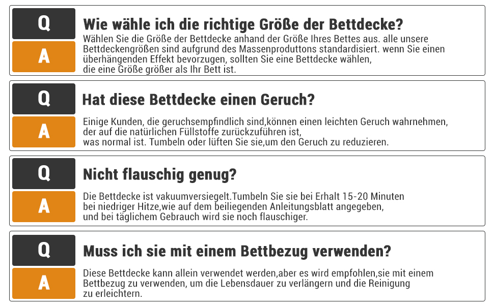 Häufig gestellte Fragen zu Bettdecken auf Deutsch, die sich mit Größenauswahl, Geruch, Flauschigkeit und der Verwendung mit Heizdecken befassen
