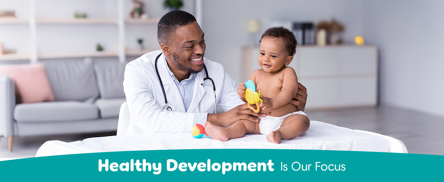 Healthy development is our focus. Baby with doctor