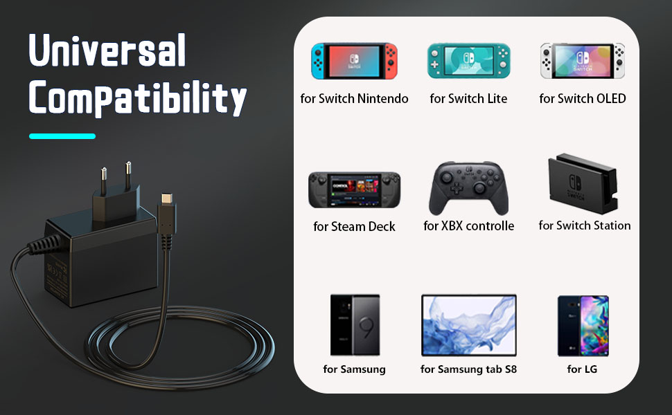 39W Chargeur USBC pour Switch Nintendo Lite/Switch OLED/SteamDock 15V/2.6A Adaptateur USB C