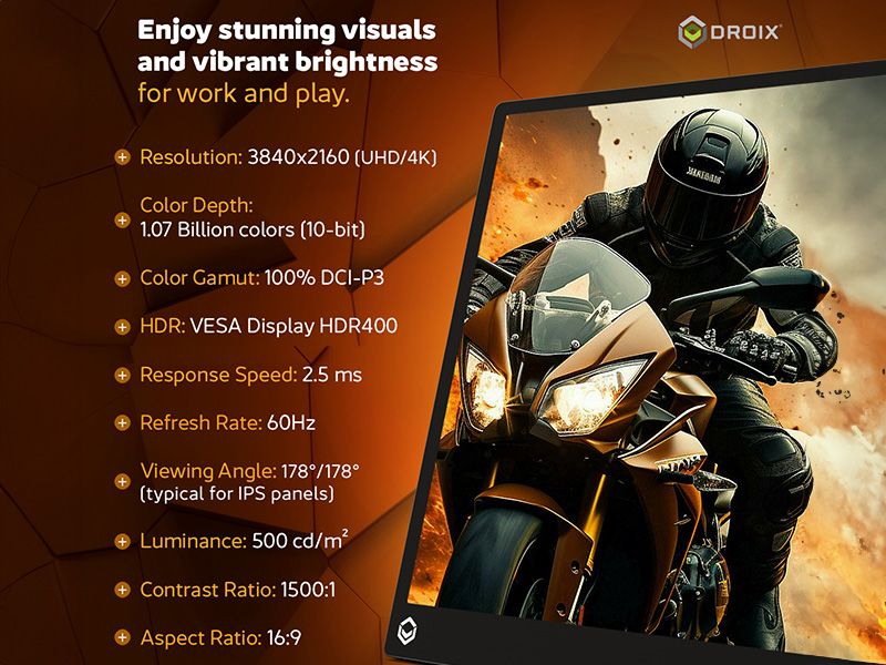 DroiX PM14T 4K portable monitor specs: UHD resolution, HDR400, 60Hz refresh rate