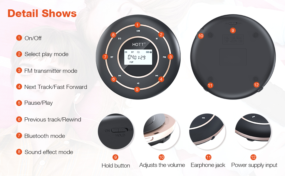 HOTT C105 Portable CD Player Bluetooth and FM Transmitter Rechargeable Compact CD