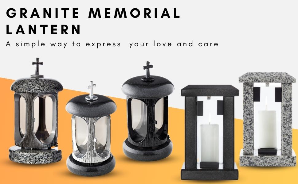 Large Round Granite Memorial Lantern 8.6'' (22cm) Grey, Graveside