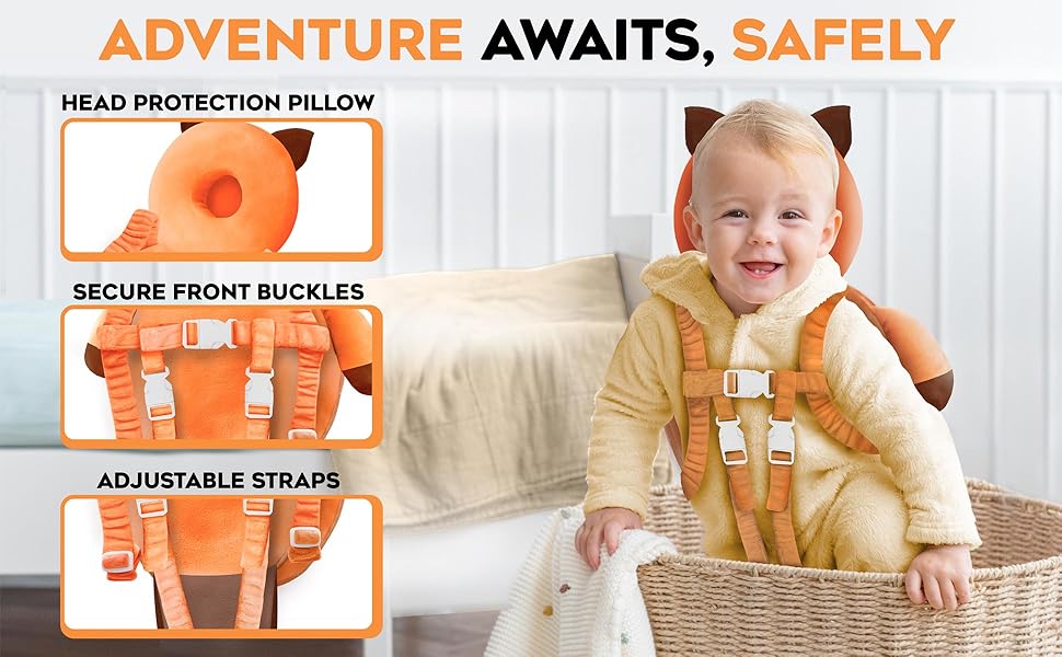 Baby head protector backpack with secure straps and buckles, for first steps