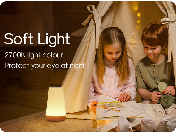 Night light product advertisement showing 2700K warm light color, featuring soft illumination in a cozy reading setting.