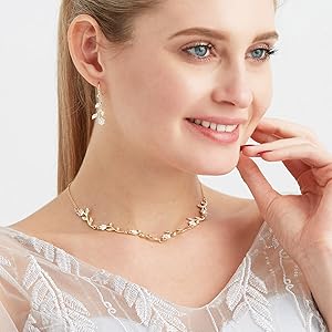 Gold Leaf Flower Necklace Earrings for Women