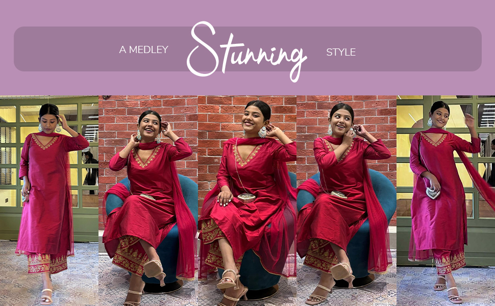 VredeVogel Women's Silk Blend Embroidered Straight Kurta with Palazzo & Nazneen Dupatta Set