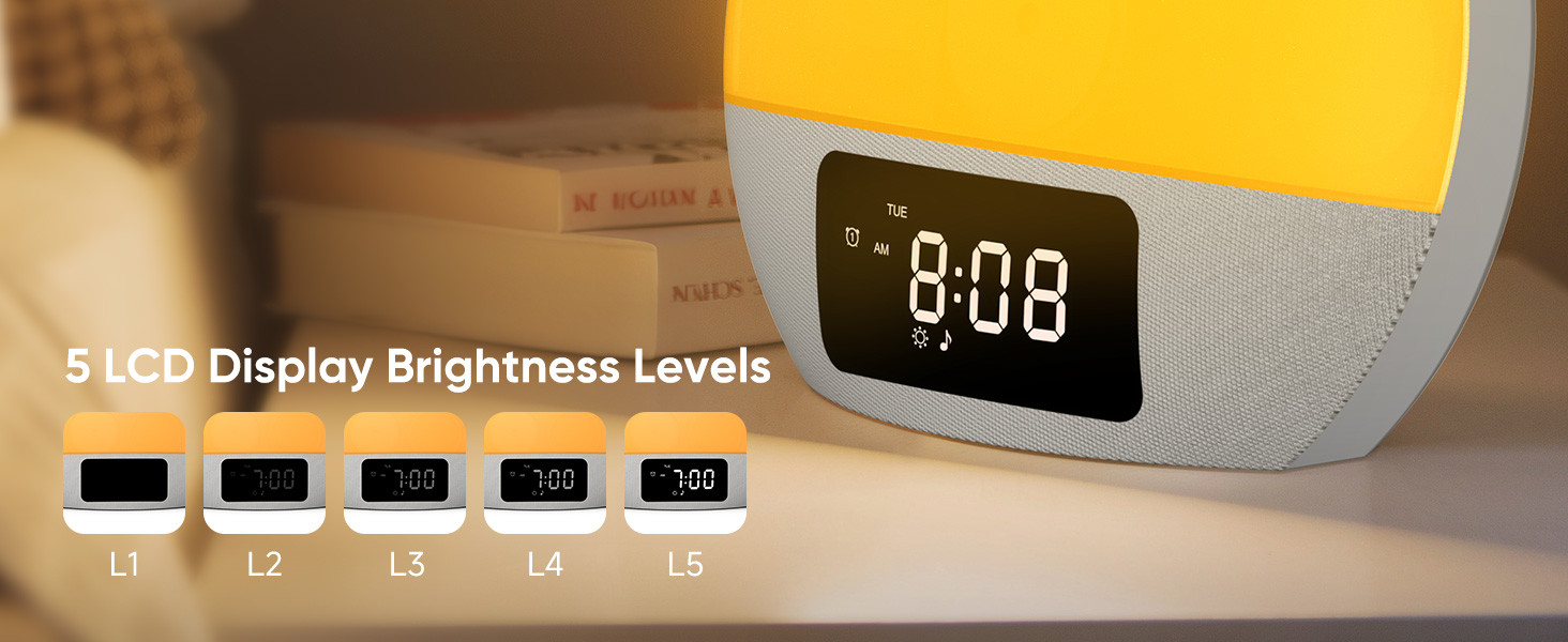 Digital alarm clock with yellow background, displaying 8:08. Five brightness level indicators shown below.