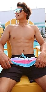 miami stripe swim trunks