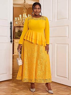 Amazon.com: AOMEI Women's Yellow A-Line Lace Patchwork Maxi
