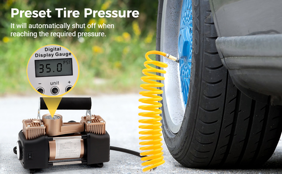 Car Tires Inflator Portable Air Compressor AutoOff, DC 12V