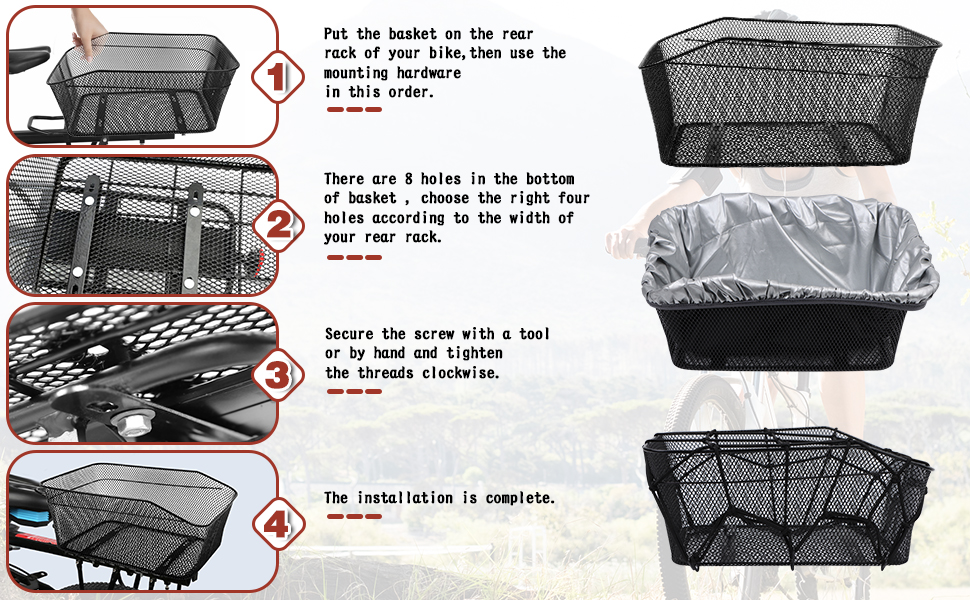 AOPULE Bike Baskets Rear,Universal Metal Rear Bike Basket with 2