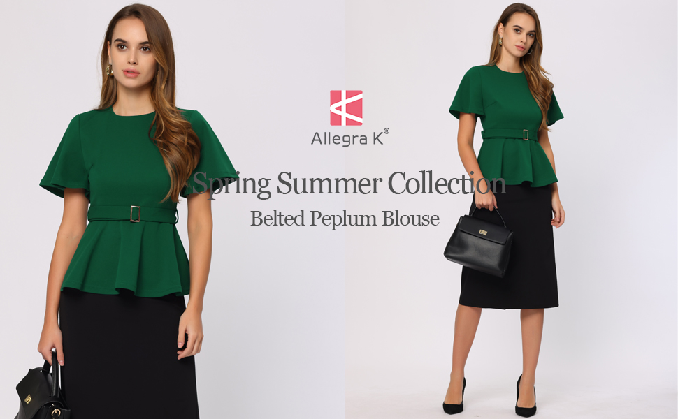 Allegra K Peplum Blouse for Women's Round Neck Bell Sleeve