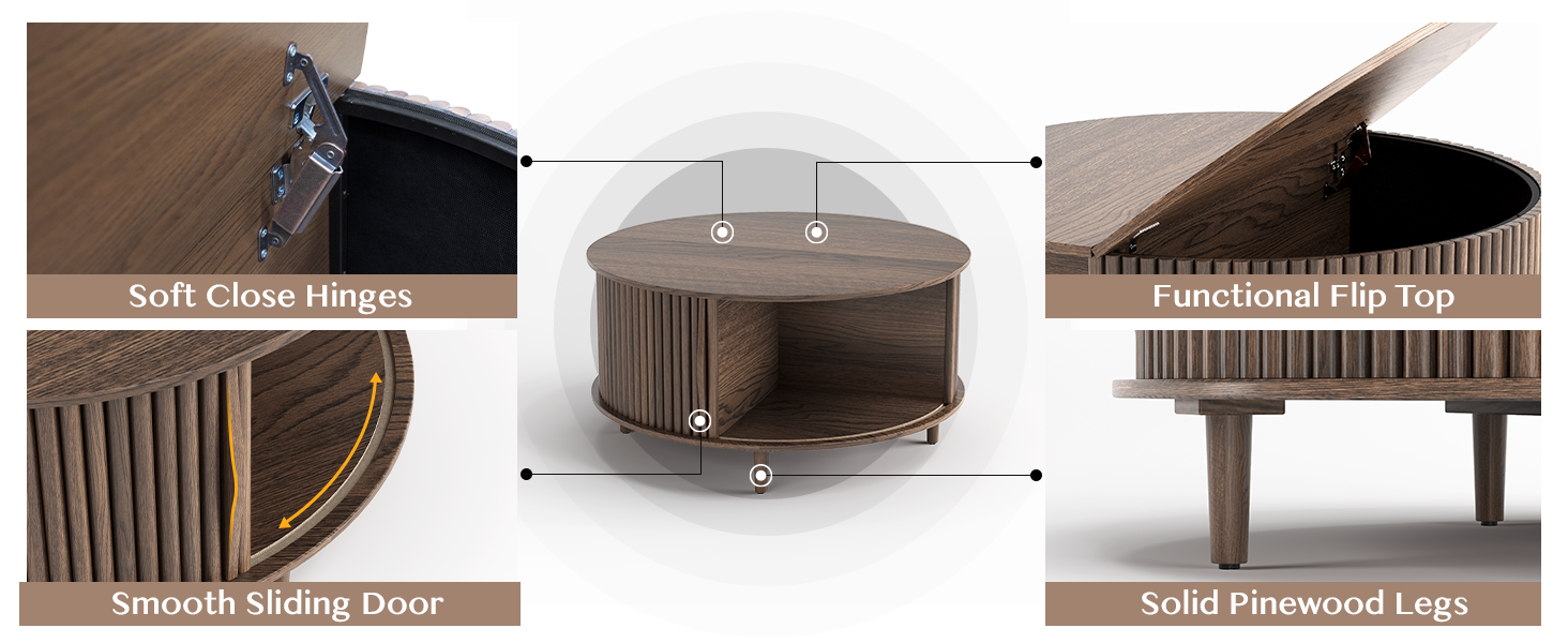 JOINICE Round Coffee Table with Storage,Fluted Center Table,Small Center Table,Walnut