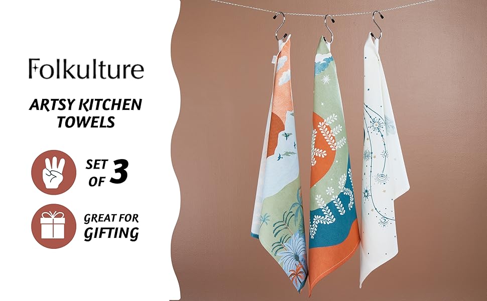 Folkulture Kitchen Towels with Hanging Loop, Set of 3, 100