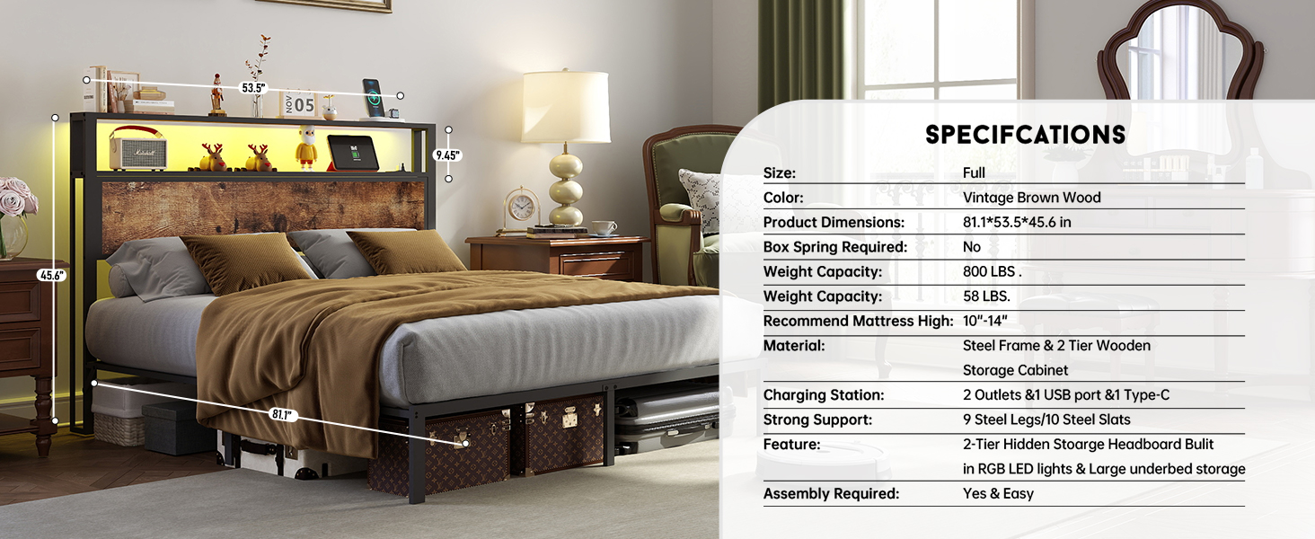 full size bed frame, full size bed frame with led lights, full size bed frame with headboard ,