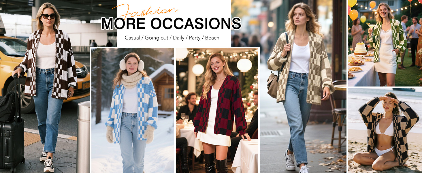 Womens Cardigan Sweater Vintage Open Front Checkered Pattern Chunky Knit Plaid Long Sleeve Outwear