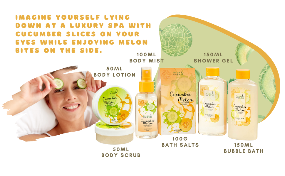 Body Lotion Mist Scrub Bath Salt Shower Gel and Bubble Bath in Cucumber Melon Fragrance or Scent