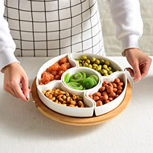 Ceramic Divided Serving Dishes with Bamboo Platter
