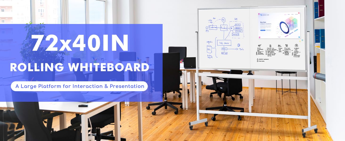 Maxtek Large White Board with Stand 72 x 40 Inches, Double Sided Rolling Whiteboard on