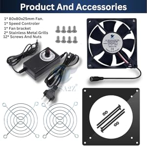1* 80x80x25mm Fan. 12* Screws And Nuts 2* Stainless Metal Grills 1* Speed Controler 1* Fan Bracket