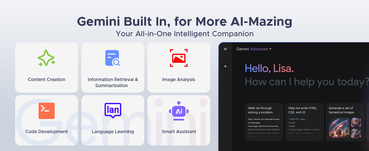 Text reads 'Gemini Built In, for More AI-Mazing'. Interface showing various AI application icons and chat interface with 'Hello, Lisa' greeting.