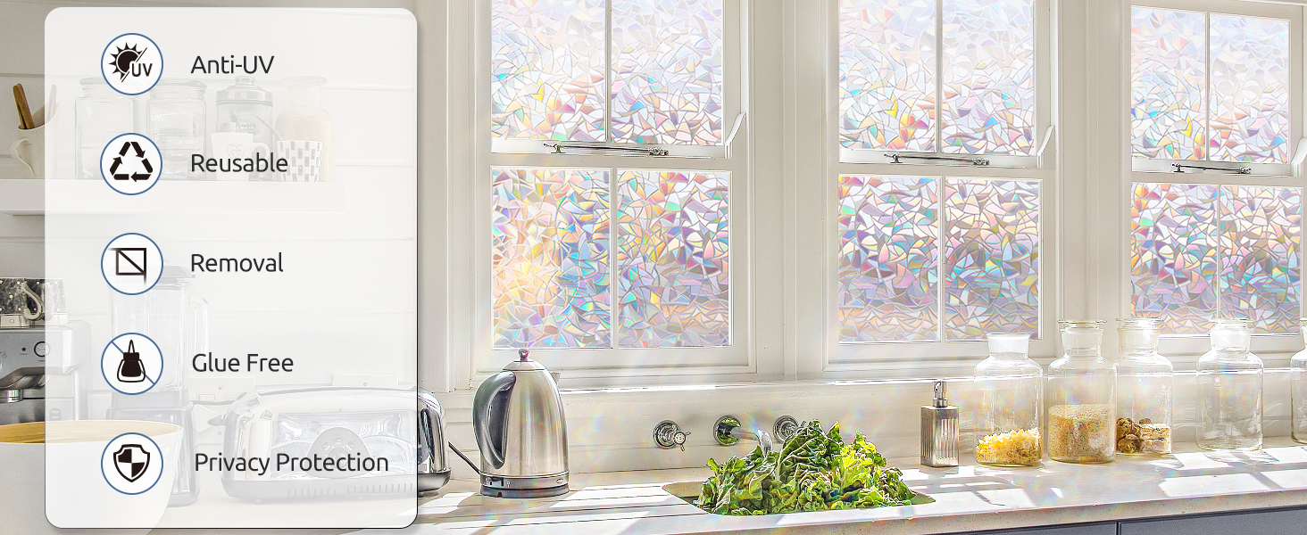 Text shows features: 'Anti-UV', 'Non-glare', 'Renewal', 'Glare Free', 'Impact Protection'. Window with decorative film showing rainbow-like prismatic effect.