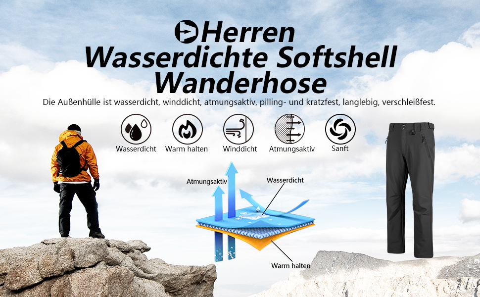 Softshellhose Herren Wasserdicht Outdoorhose Winter Thermohose Warm Skihose Winddicht Schneehose