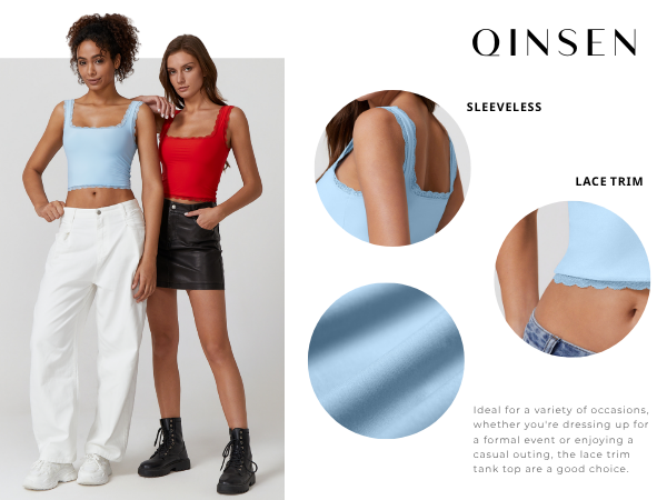QINSEN Tank Tops for Women Square Neck Lace Trim Double