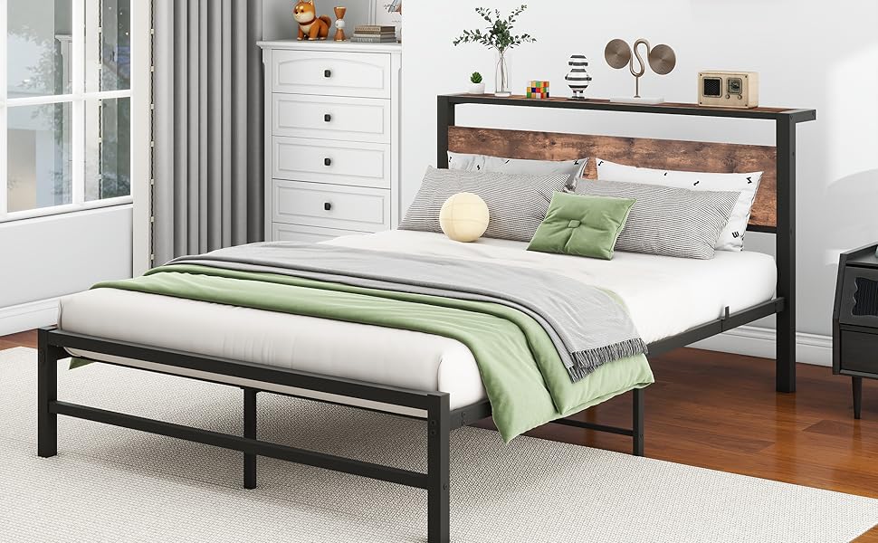 VERFARM Twin Bed Frame with Shelf Storage Wood Headboard