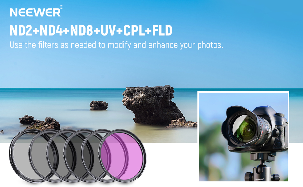 NEEWER 82mm ND Lens Filter Kit UV, CPL, FLD, ND2, ND4