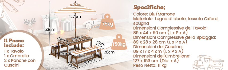 Schema di un set da pranzo rustico con tavolo, sedie e panca, con dimensioni e specifiche elencate in italiano.
