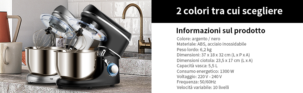 RELAX4LIFE Robot Da Cucina Con 10 Velocità, 1300 W, Impastatrice E Planetaria Multifunzionale, Basso Rumore, Testa Inclinata Regolabile, Per Pane, Dolci E Pizza (nero) 18 1