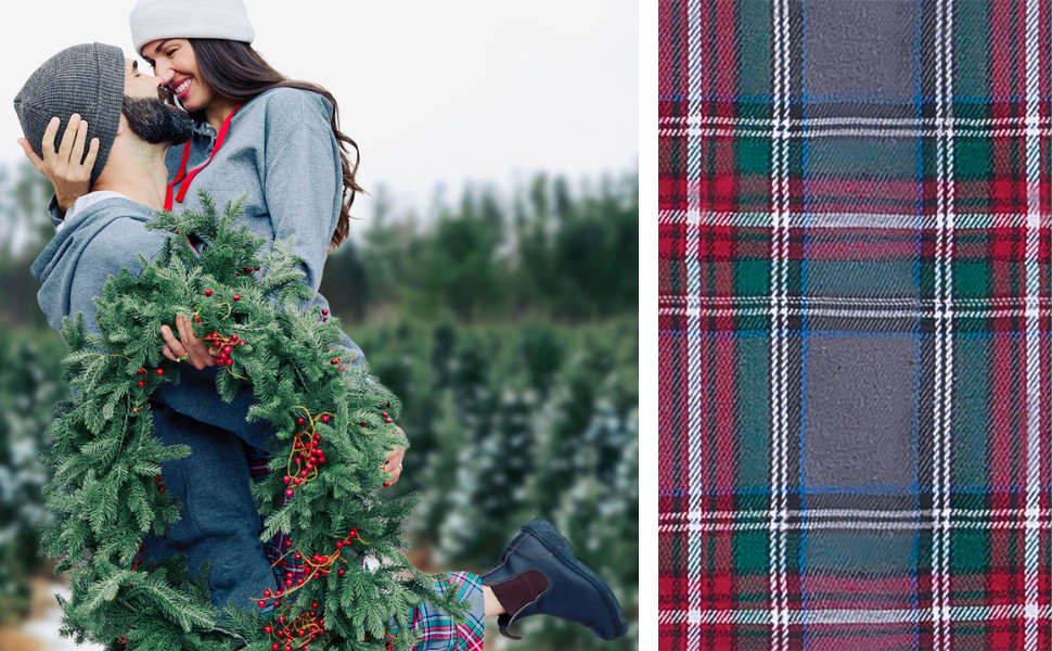 man and woman in gray plaid matching pajamas