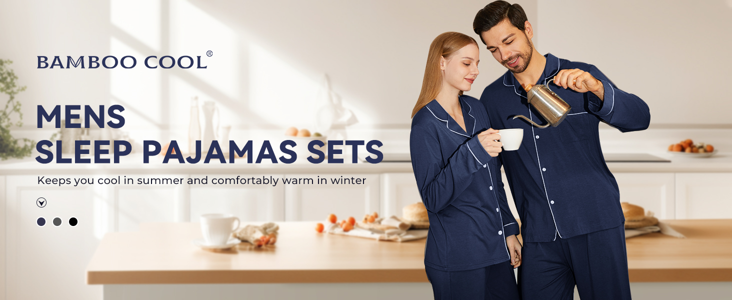 Mens Pajama Set Classic Button Down Sleepwear Soft Long Sleeve Pajamas for Men Lounge Pj Sets