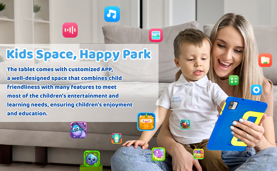 Blue tablet device for children, featuring customized apps. Woman holds child while demonstrating tablet use. Colorful app icons surround image, emphasizing educational and entertainment features.
