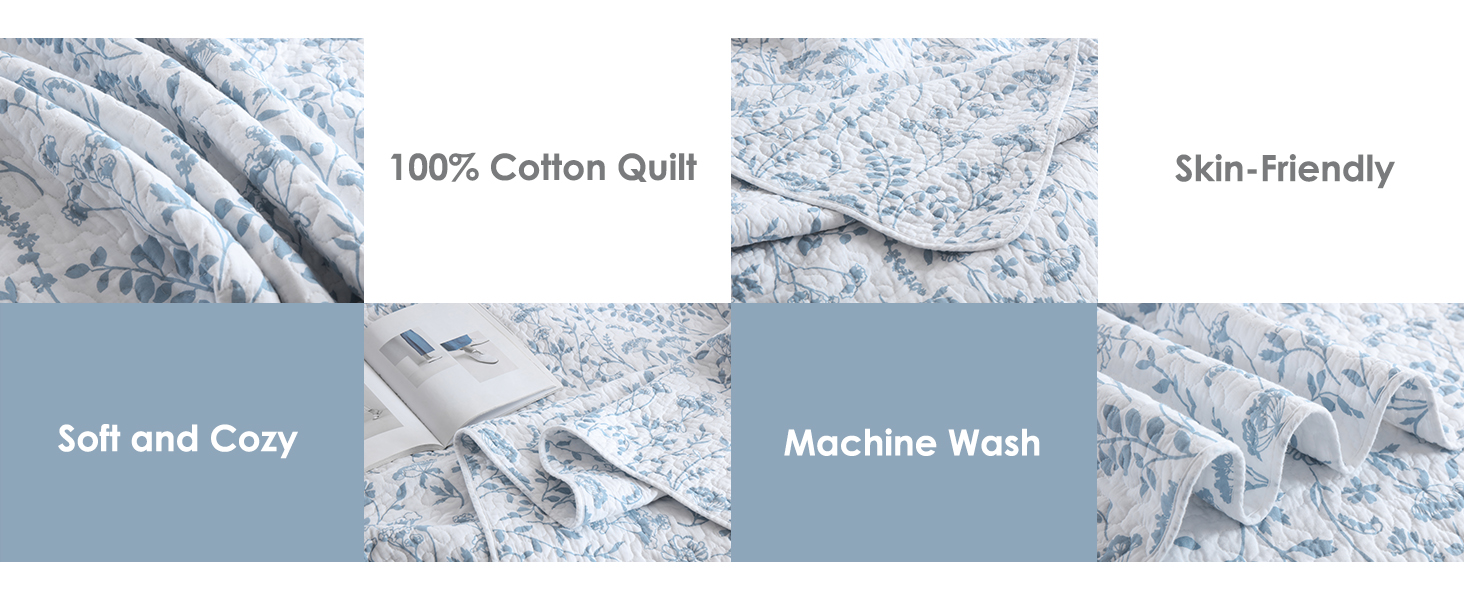 QuiltEase Blue Floral Quilt King Size King Quilt Set, 100