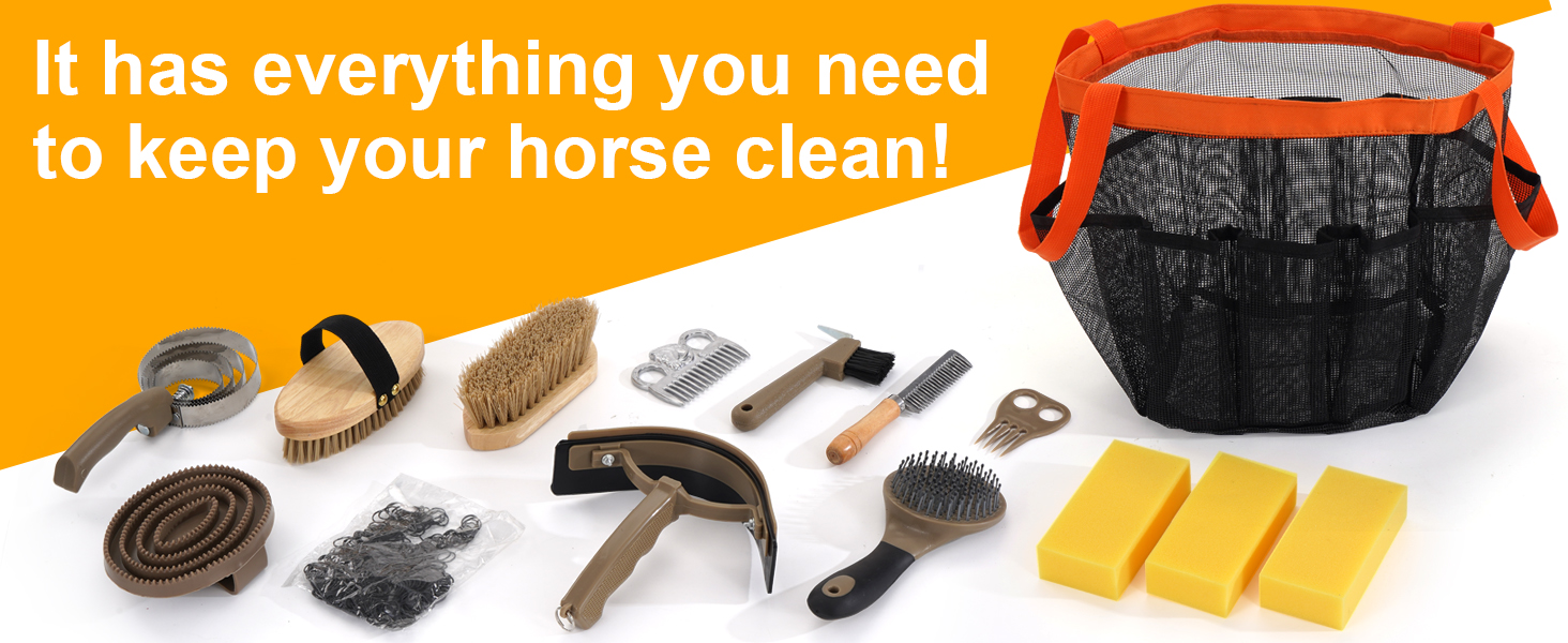 Text reads 'It has everything you need to keep your horse clean!' Various horse grooming tools and brushes displayed on orange background.