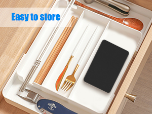 Organized drawer insert showing compartmentalized storage with wooden utensils and dark pad visible, labeled 'Easy to store'.