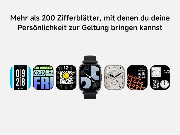 Der Text lautet: „Mehr als 200 Ziffernblätter, mit denen du deine Persönlichkeit zur Geltung bringen kannst“. Reihe von 7 kreisförmigen Smartwatch-Gesichtern mit unterschiedlichen digitalen Designs und Komplikationen.