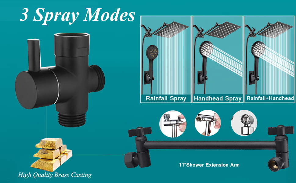 Shower Head Combo, 10'' High Pressure Rainfall Shower Head with 11'' Extension Arm,6 Settings