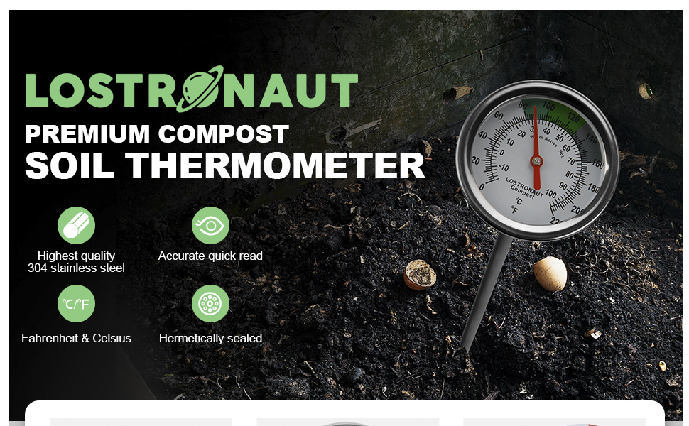 Compost thermometer water-resistant hermetically sealed (won't fog up) accurate easy to read