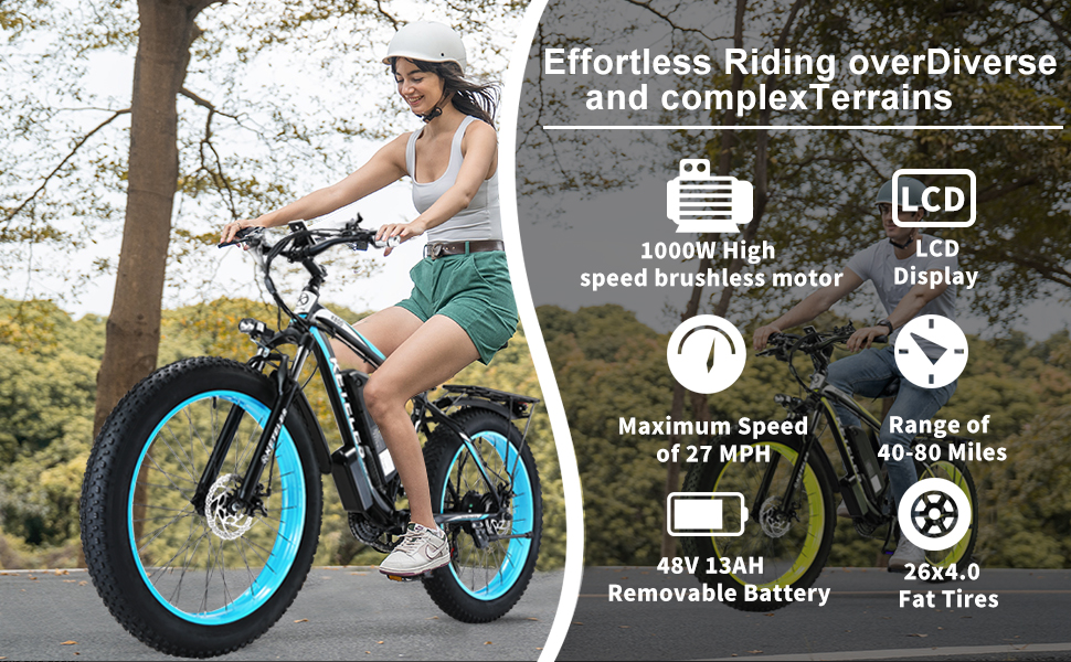 1000W Electric Bike for Adults E Bike Fat Tire Ebike All Terrain for Mountains Snow Sand Road