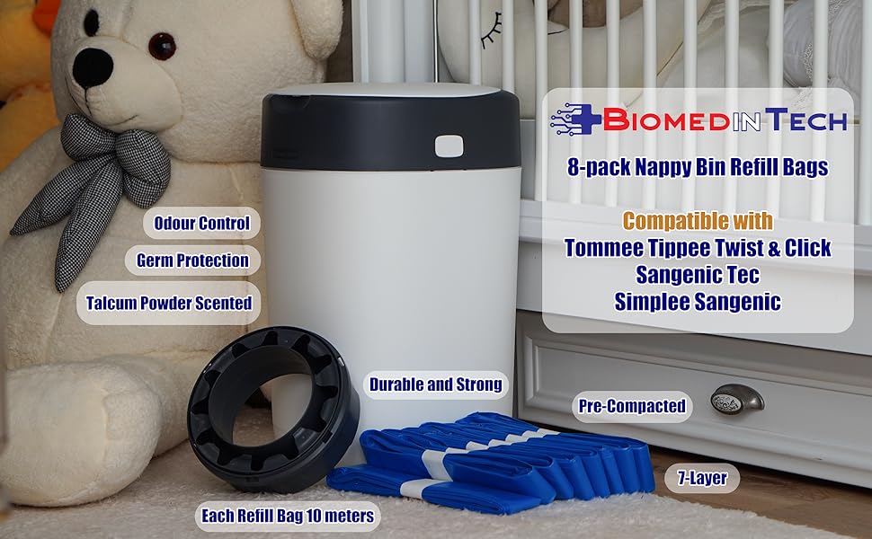 Biomedintech 8Pack Nappy Bin Refill Bags compatible with Tommee Tippee