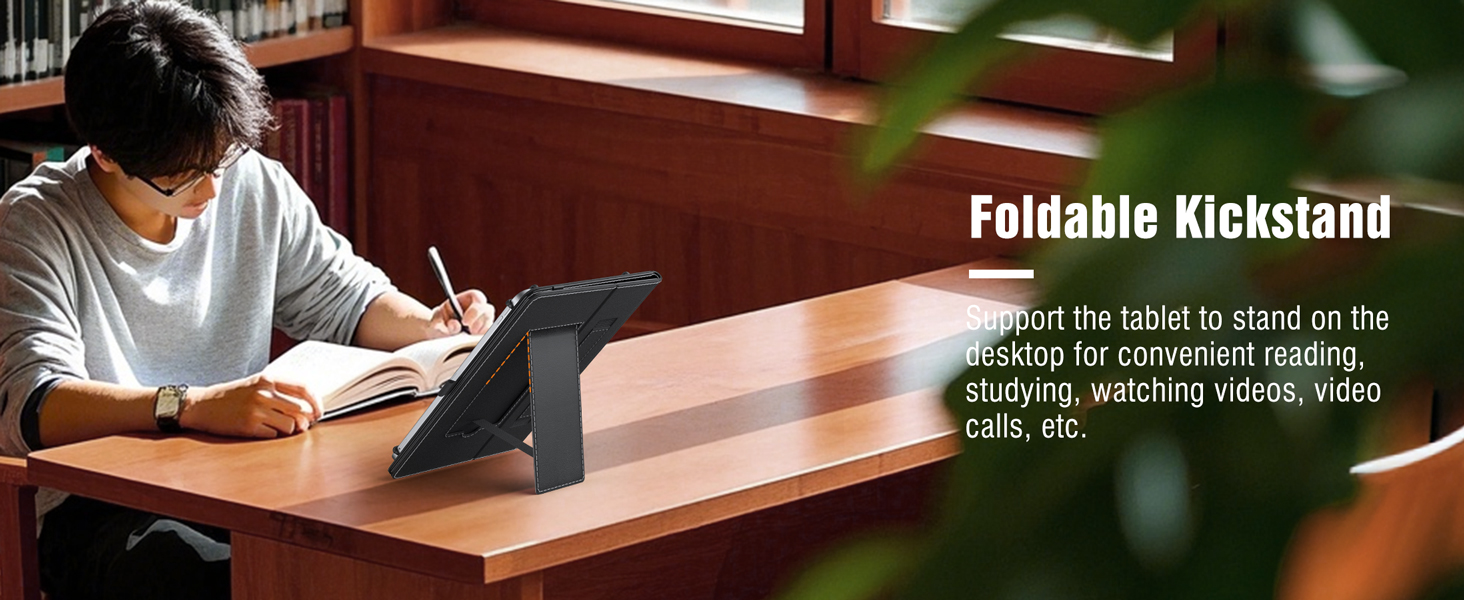 Foldable kickstand for tablets, shown in use on a wooden desk. Supports tablet for convenient reading, studying, watching videos, and video calls.