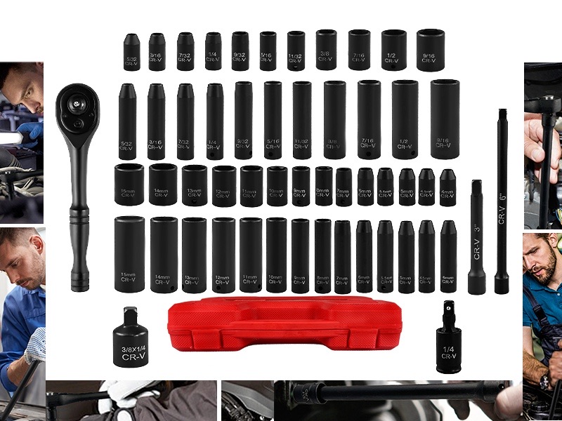 1/4" Drive Impact Socket Set, 55 Piece, SAE/Metric, Deep/Shallow, Cr-V Steel, 6 Point