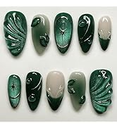 Green French Press on Nails Almond Medium Fake Nails 3D Leaves Stick on Nails Gold Stars False Na...