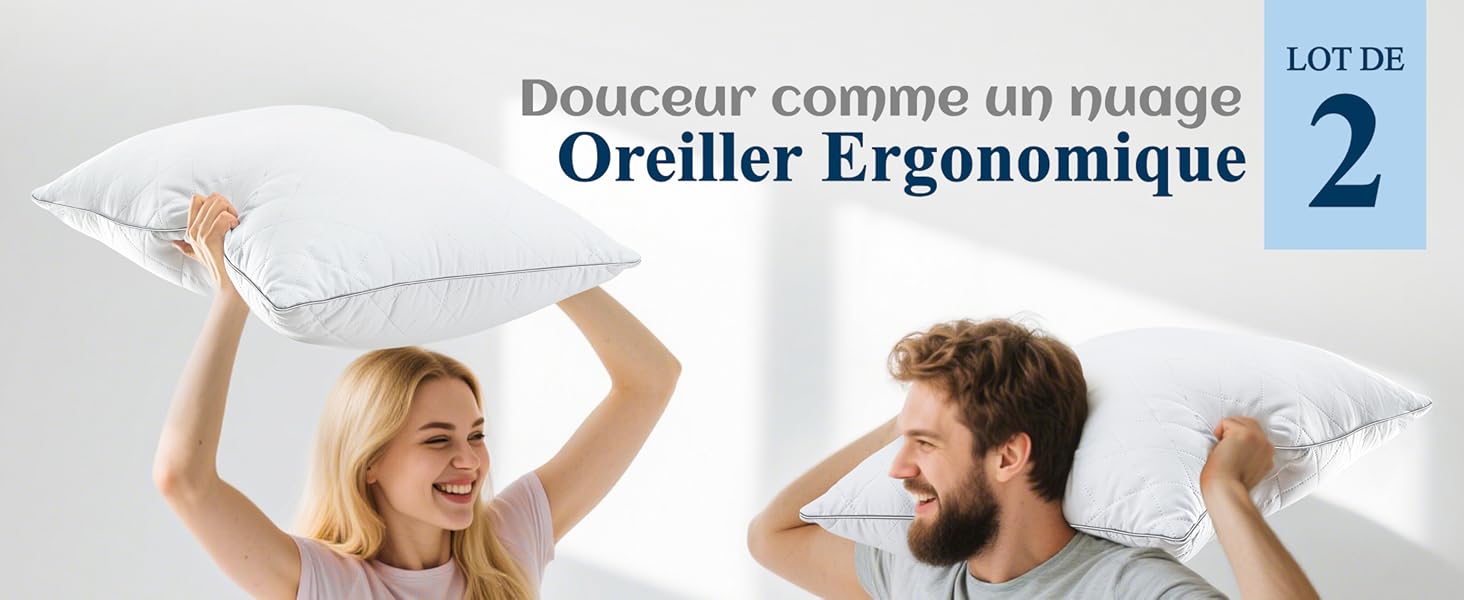 Le texte indique « LOT DE », « Oreiller Ergonomique ». Plusieurs panneaux montrant l'oreiller ergonomique en cours d'utilisation, illustrant le soutien de la nuque et les positions confortables.