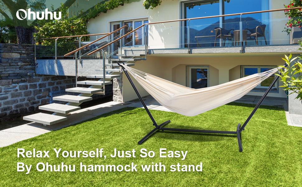 Hammock with Stand, Ohuhu Double Hammock with Space Saving Steel Stand & Pillow, 2 Person