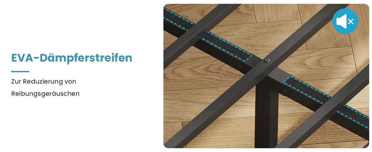 EVA-Dämpfungsstreifen, die zwischen Holzlatten angebracht sind und Vibrationsgeräusche reduzieren. Dunkle Streifen kontrastieren mit hellem Holz und sind an den Rändern mit blauen Nähten versehen